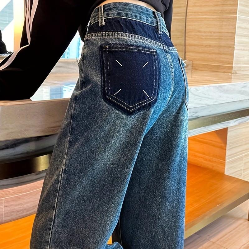 High Rise Wide Leg Jeans Contrast Pocket Loose Fit