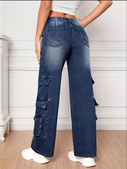Dark High Waist Cargo Pants Loose Fit Wide Legs Jeans Y2K Women's Denim