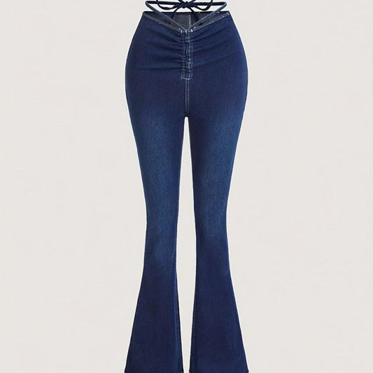Lace Up Flare Jeans Mid Stretch Slim Fit Casual Bell Bottom Jeans