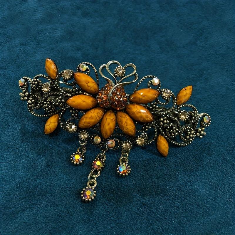 Turquoise Rhinestone Tassel Barrette French Hair Clip