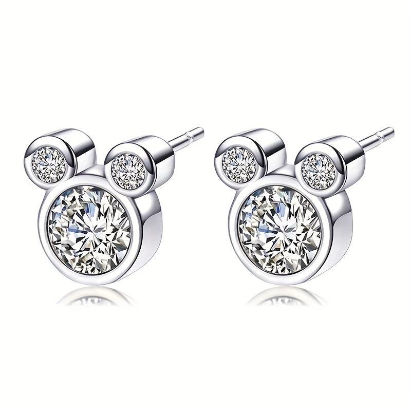 925 Silver Mouse Zircon Stud Earrings for Women Girls