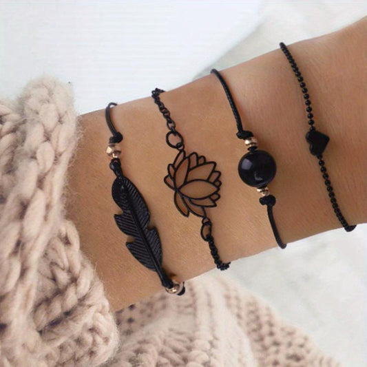 Feather Lotus Chain Anklet Punk Style Wrist Jewelry