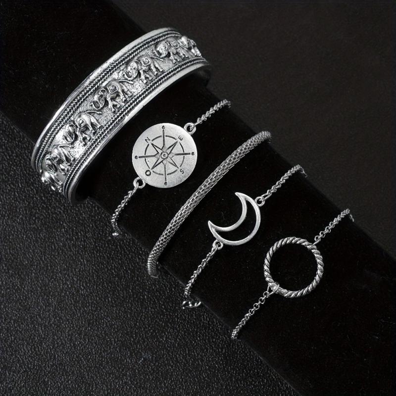 5pcs Geometric Bangle Bracelet Set Elephant Compass Pattern Hand Jewelry