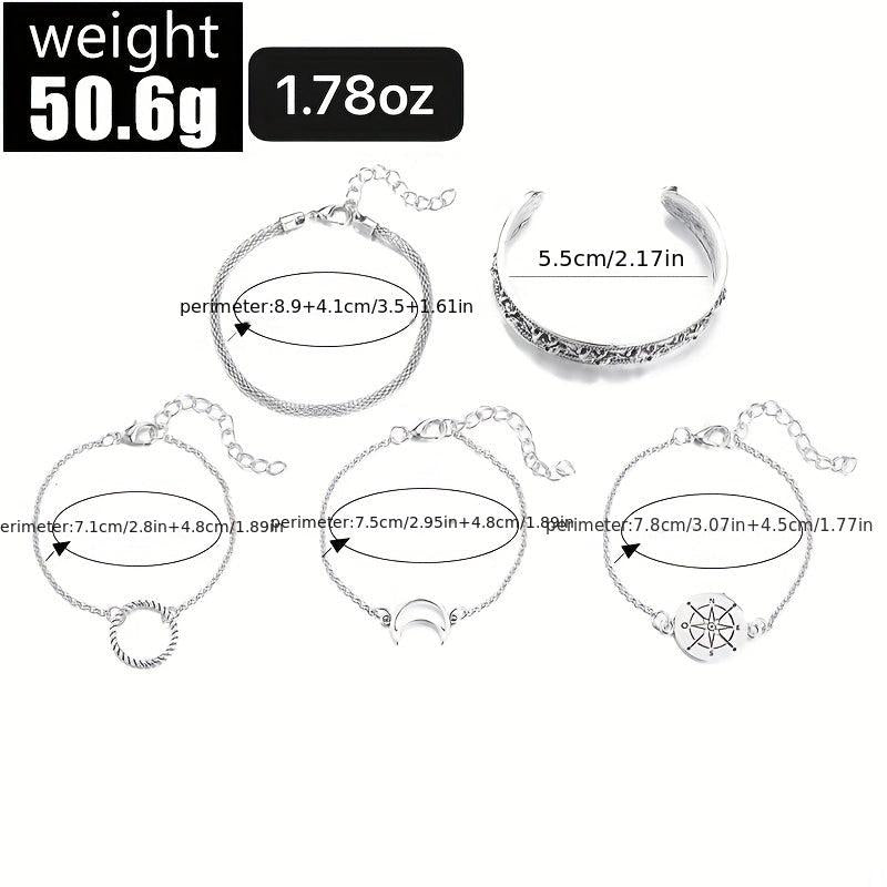 5pcs Geometric Bangle Bracelet Set Elephant Compass Pattern Hand Jewelry