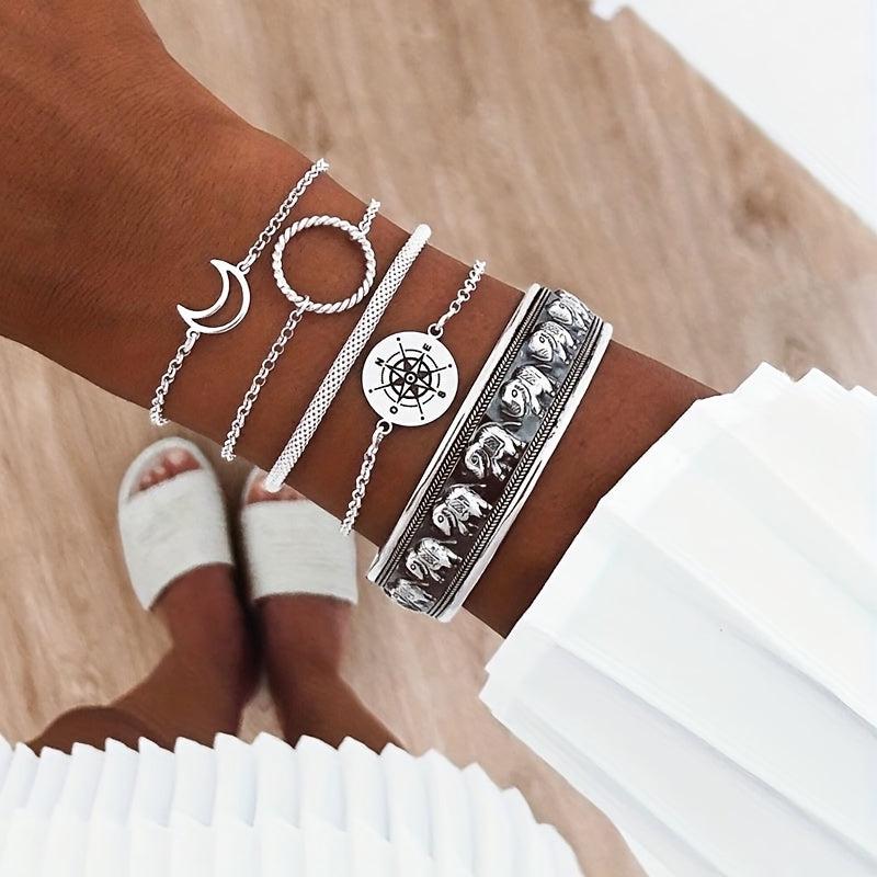 5pcs Geometric Bangle Bracelet Set Elephant Compass Pattern Hand Jewelry
