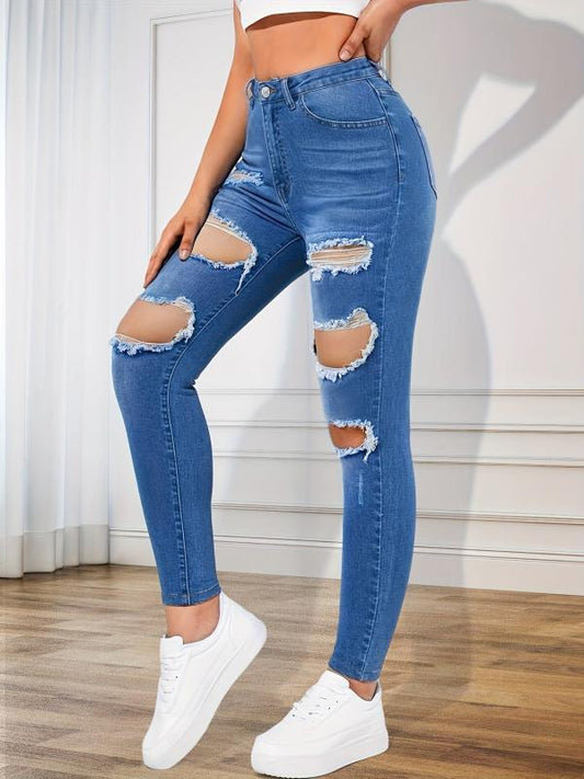 Ripped Holes Skinny Jeans Slim Fit Distressed Mid Stretch Denim Trousers