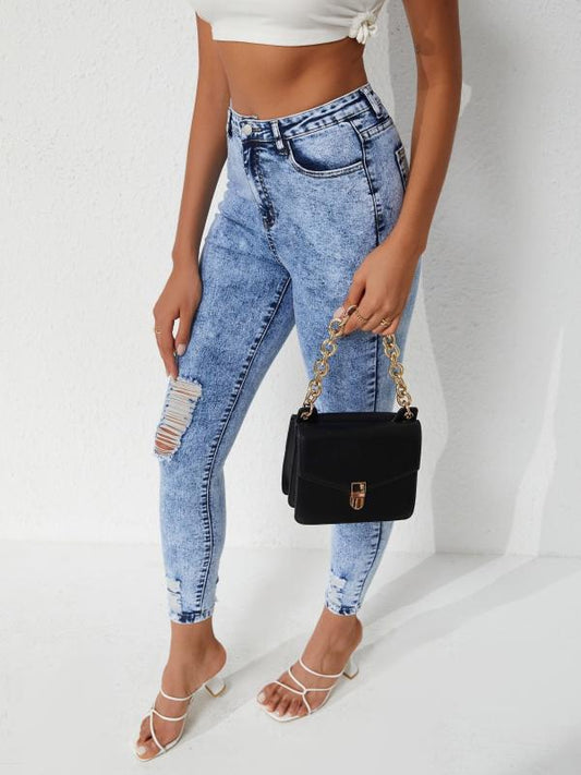 Distressed Skinny Jeans High Stretch Washed Tight Jeans Women's Denim