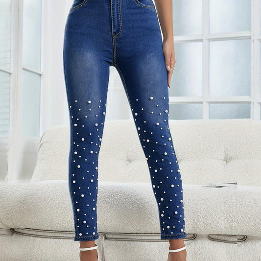 Faux Pearl Skinny Jeans Mid Stretch Ankle Length Denim