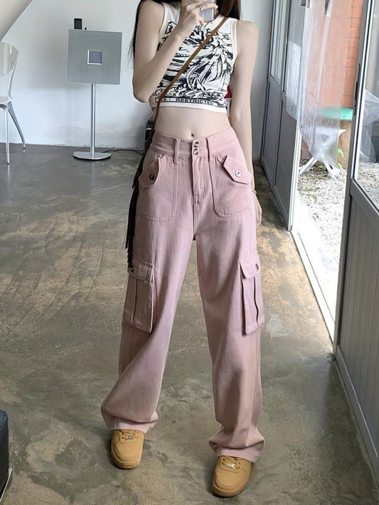 Pink Flap Pockets Cargo Pants High Waist Wide Legs Jeans