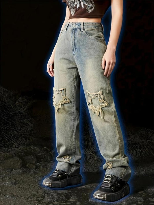 Loose Fit Star Raw Straight Jeans for Women