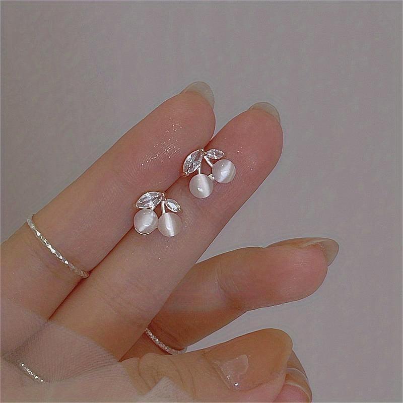 Cherry Stud Earrings Moon Stone Inlaid Lightweight Alloy Jewelry Style