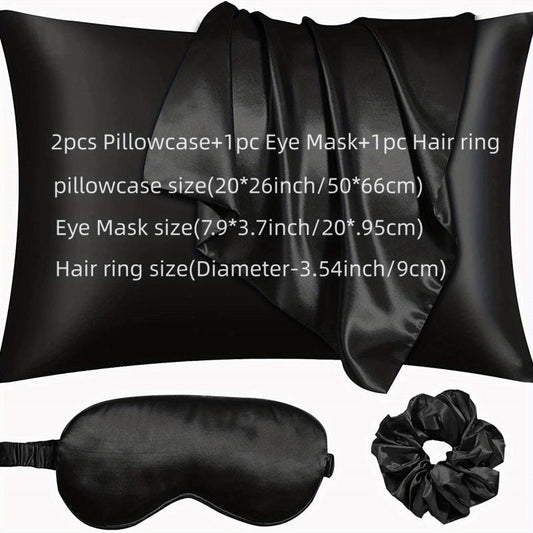 4pcs Satin Pillowcase Set with Eye Cover and Hair Ring - Vegan Silk