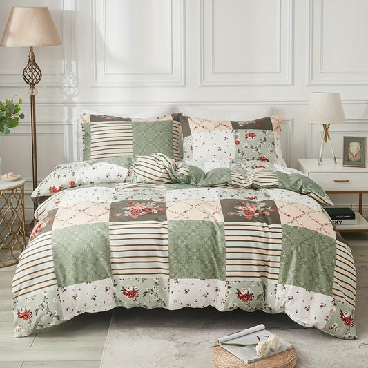 3pcs Plaid Floral Print Duvet Cover Set Soft Comfortable Bedding