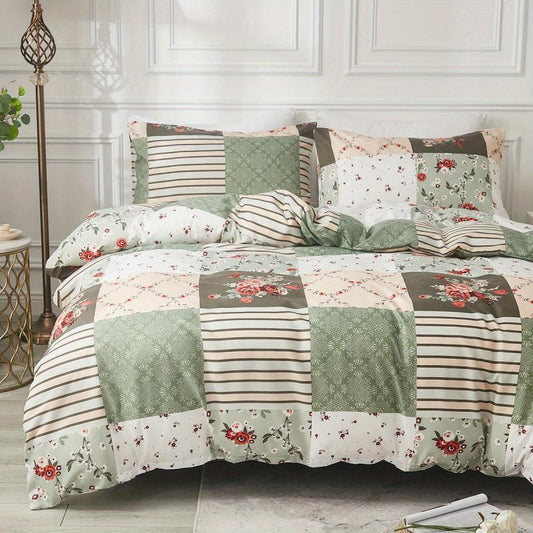 3pcs Plaid Floral Print Duvet Cover Set Soft Comfortable Bedding