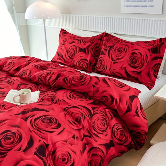 Romantic Red Rose Print Bedding Set Soft Comfortable Duvet Cover 3pcs