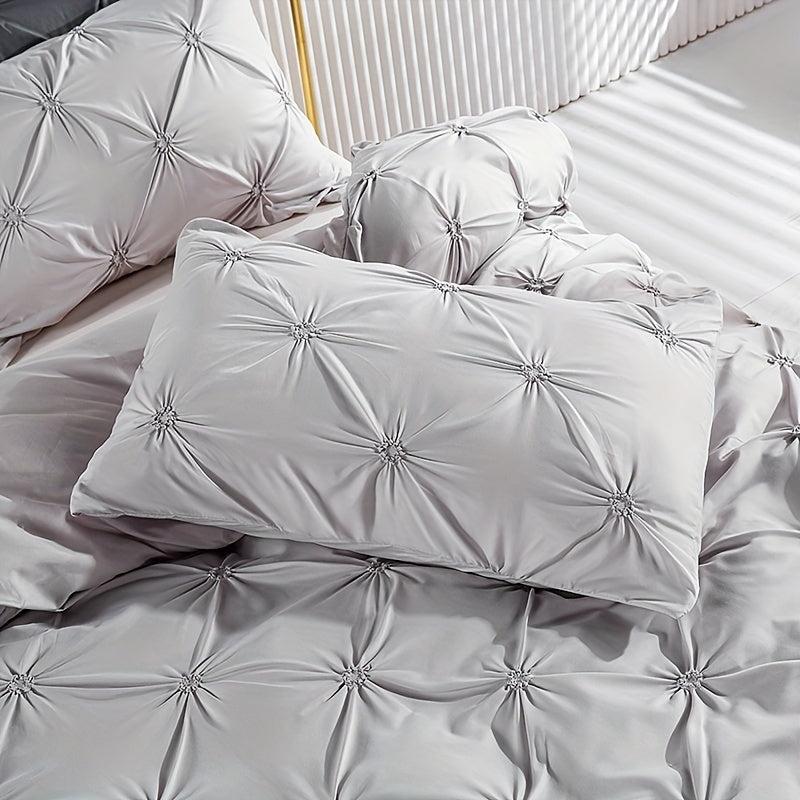 3pcs Pinch Pleat Duvet Cover Set Soft Bedding Solid Color Modern Comfortable