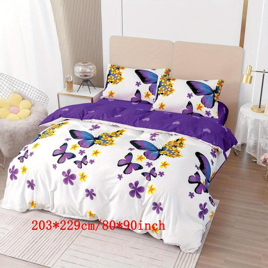 3 Piece Butterfly Floral Print Bedding Set Soft & Breathable Duvet Cover