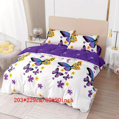3 Piece Butterfly Floral Print Bedding Set Soft & Breathable Duvet Cover