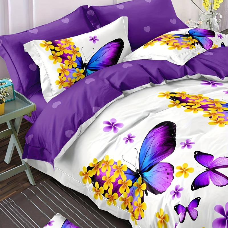 3 Piece Butterfly Floral Print Bedding Set Soft & Breathable Duvet Cover
