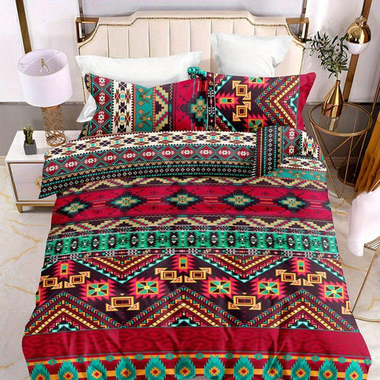 Boho Bedding Set Geometric Ethnic Red Duvet Cover 2 Pillowcases