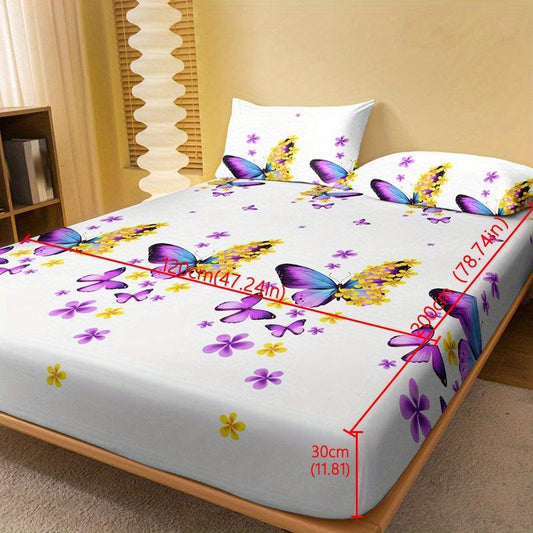 Soft Butterfly Floral Print Fitted Sheet Deep Pocket
