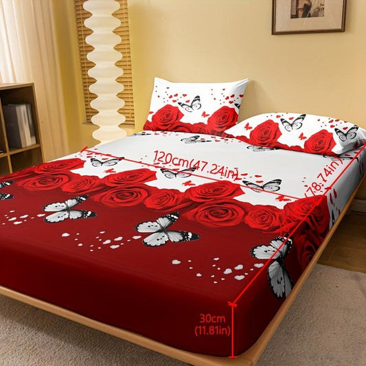 Butterfly Red Rose Print Fitted Sheet, Soft Comfortable Mattress Protector