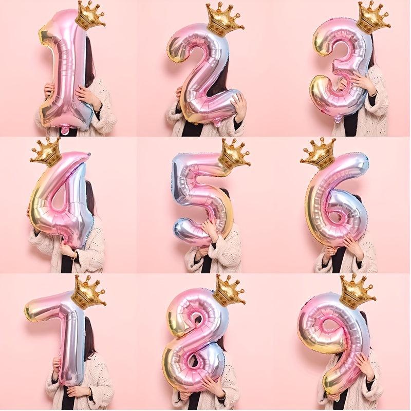 2pcs 32in Foil Gradient Number Balloons + Crown Balloon Set - Party Decor