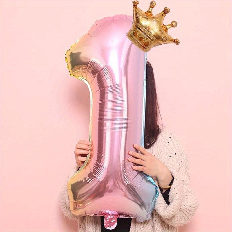 2pcs 32in Foil Gradient Number Balloons + Crown Balloon Set - Party Decor