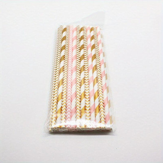 25pcs Biodegradable Paper Straws Pink and Striped for Parties