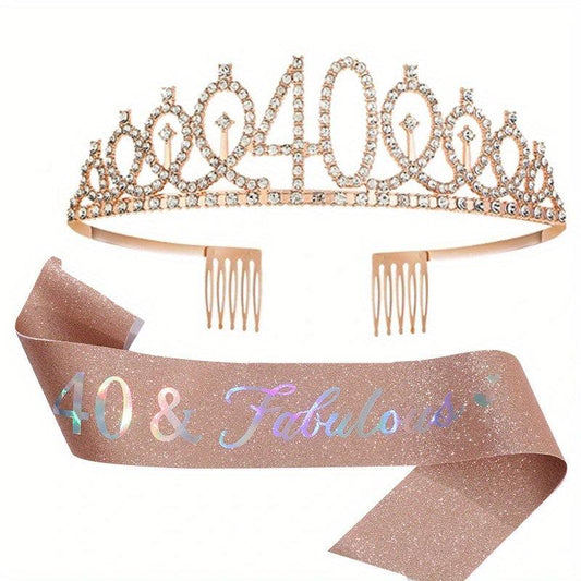 Crystal Birthday Crown Sash for 18 21 30 40 50th Birthdays Tiara Suit Party
