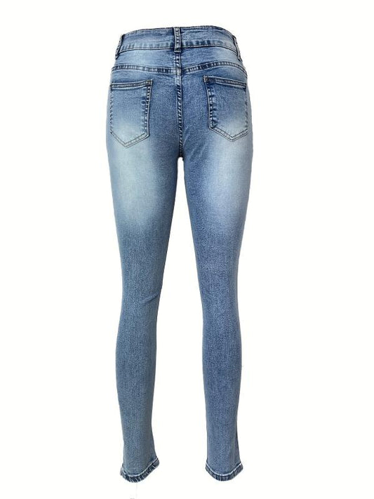 Ripped Holes Skinny Jeans Slim Fit Slash Pockets Mid Stretch Casual Denim Pants