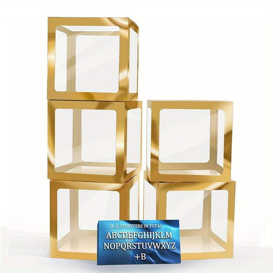 5pcs Gold Balloon Boxes 27 Letters Clear Block Backdrop for Party Decor