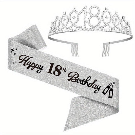 2pcs 18th Birthday Tiara and Sash Set Crown and Sash for Girls' Party Supplies