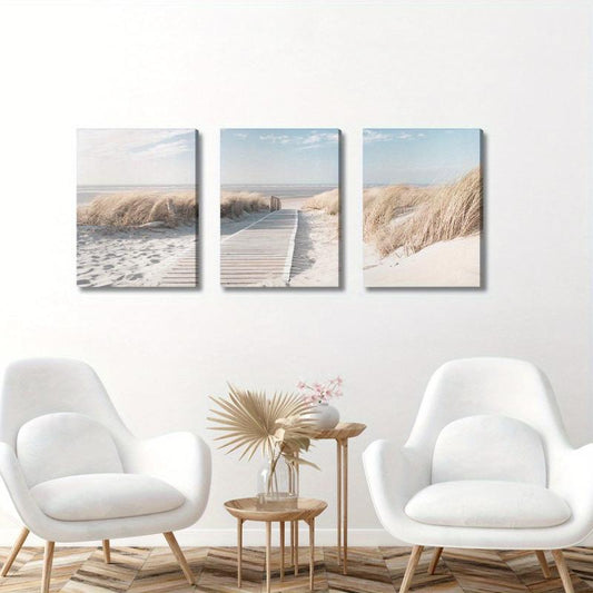 3pcs Framed Coastal Beach Canvas Art 30x39 - Office Wall Decor