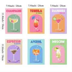 6pcs Colorful Cocktail Printed Paintings For Bar Cart Gallery Retro Wall Arts