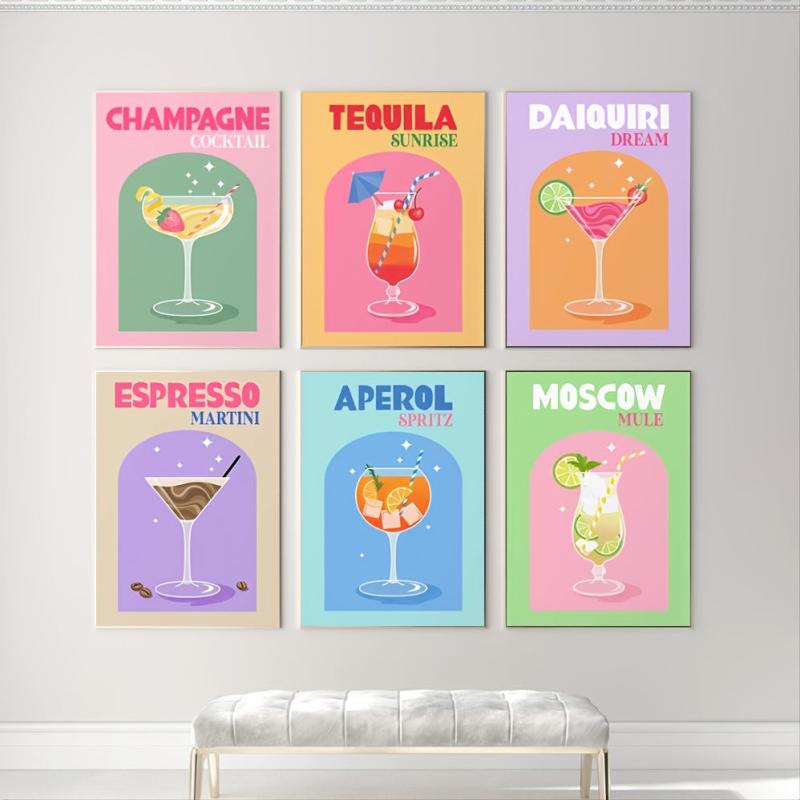 6pcs Colorful Cocktail Printed Paintings For Bar Cart Gallery Retro Wall Arts