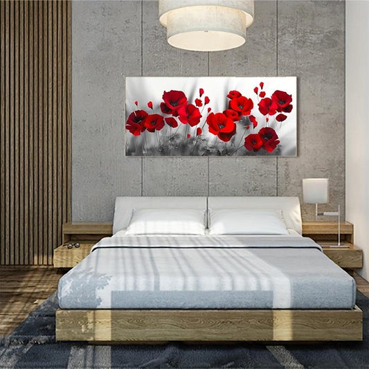 Gray Background Red Poppy And Rose Wall Canvas Painting