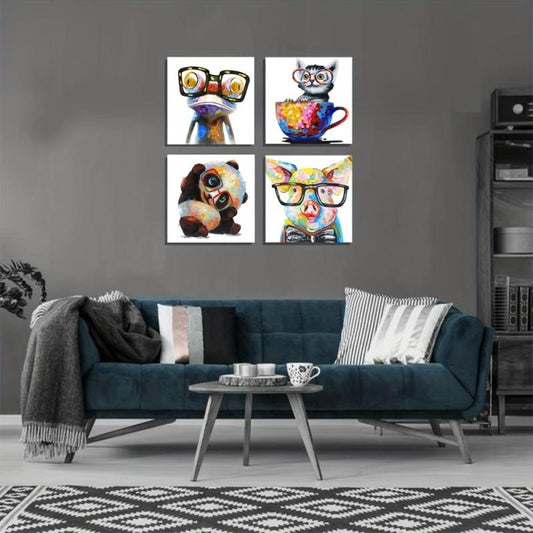 Animal Pictures Wall Art Set - Dog Panda Happy Frog Pig Glasses Artwork