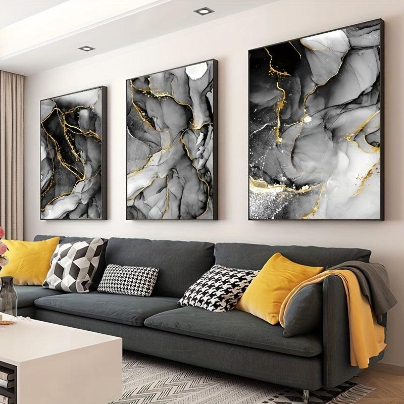 3pcs Golden Ink Abstract Canvas Poster Art For Home Decor