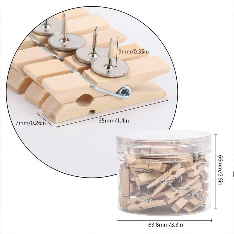 50Pcs Push Pin with Wooden Clips for Cork Board Artwork Bulletin Board Crafts