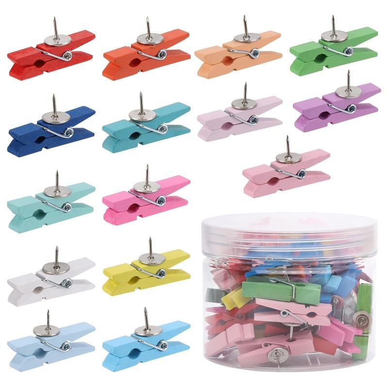 50Pcs Push Pin with Wooden Clips for Cork Board Artwork Bulletin Board Crafts
