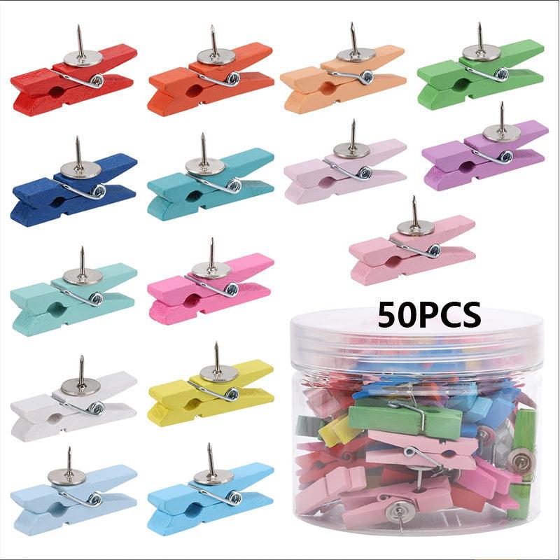 50Pcs Push Pin with Wooden Clips for Cork Board Artwork Bulletin Board Crafts