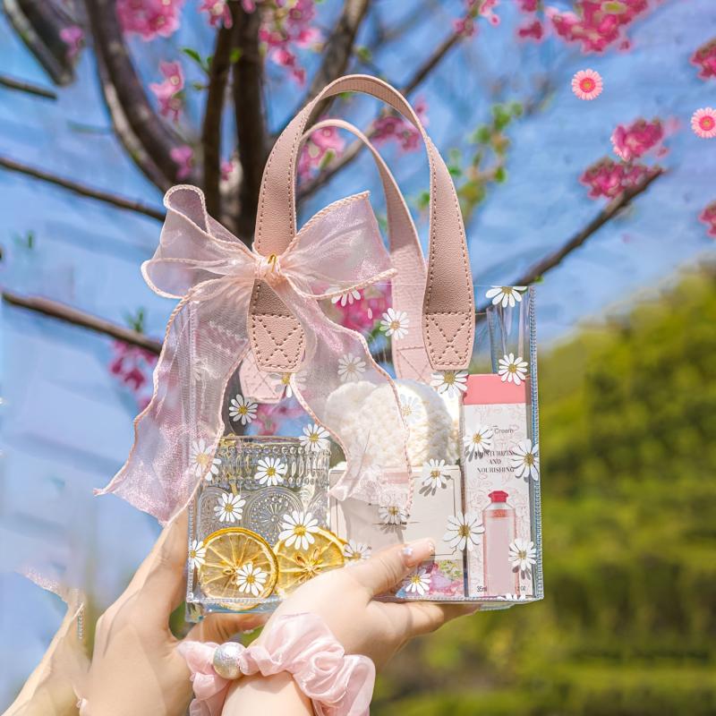5pcs Large PVC Gift Bag With Ribbon Daisy Pattern Handled Gift Wrapping Bag