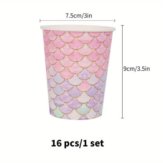 16pcs Mermaid Cartoon Birthday Paper Cup Tableware Party Supplies
