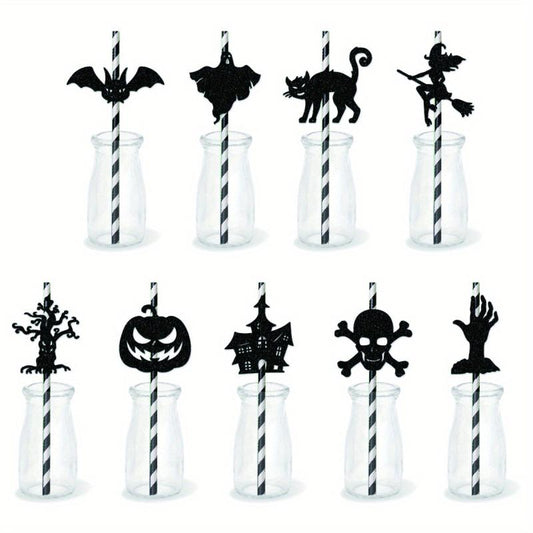 9pcs Halloween Party Decorative Straw Inserts Ghost Skeleton Bat Straw