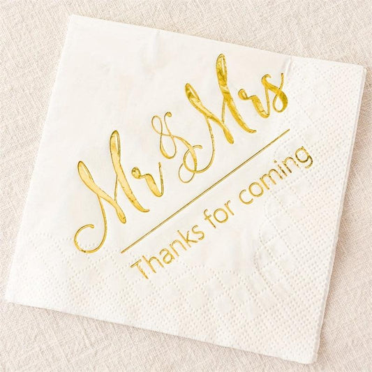 Disposable Mr & Mrs Wedding Napkins Set, Golden Foil Words