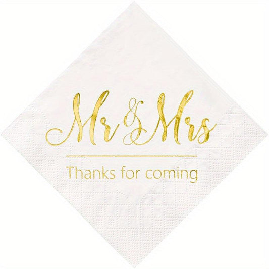 Disposable Mr & Mrs Wedding Napkins Set, Golden Foil Words