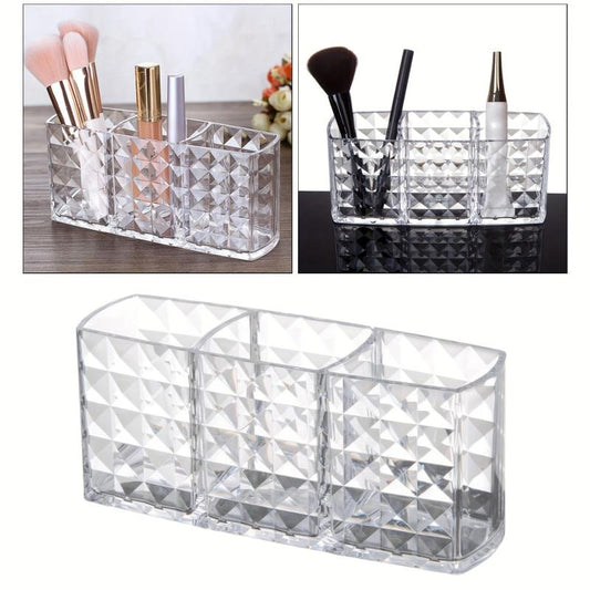 Acrylic Makeup Brush Holder 3 Compartments Cosmetic Storage