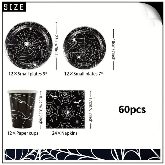 60pcs Halloween Spider Web Party Tableware Set Paper Tray Cup Towel Supplies