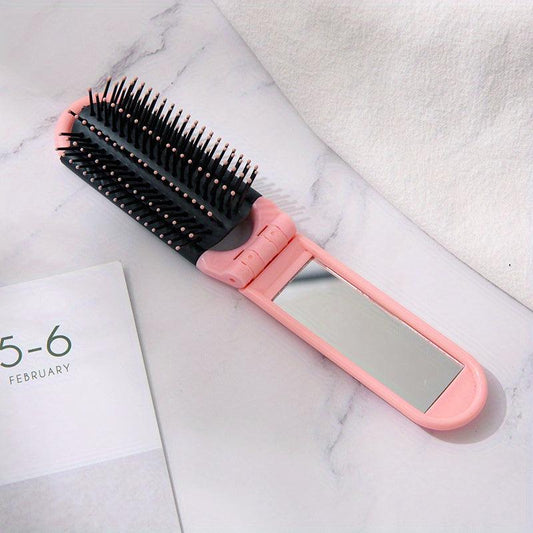 Compact Folding Hair Brush With Mirror Round Mini Comb